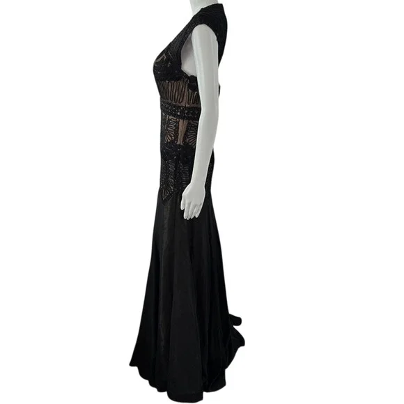 Sue Wong Nocturne Black Lace Beaded V Neck Cap Sleeve Maxi Dress Size 6